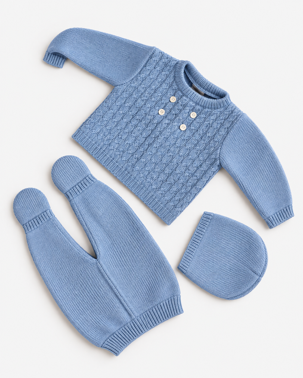 Completo nascita neonato in maglia azzurra, 3 pezzi