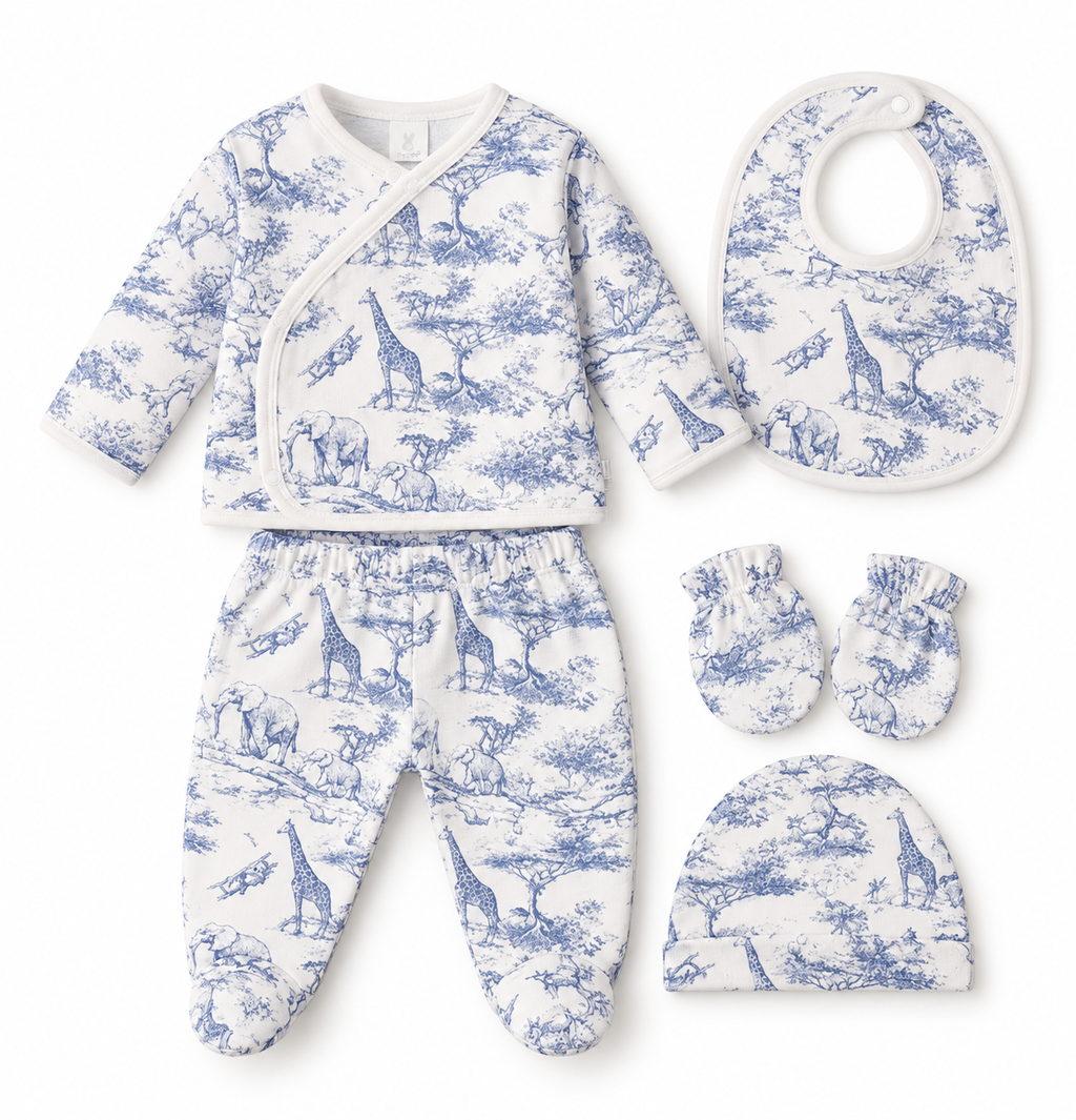 Set Nascita Cotone Safari Blue - 5 pezzi 0-3m